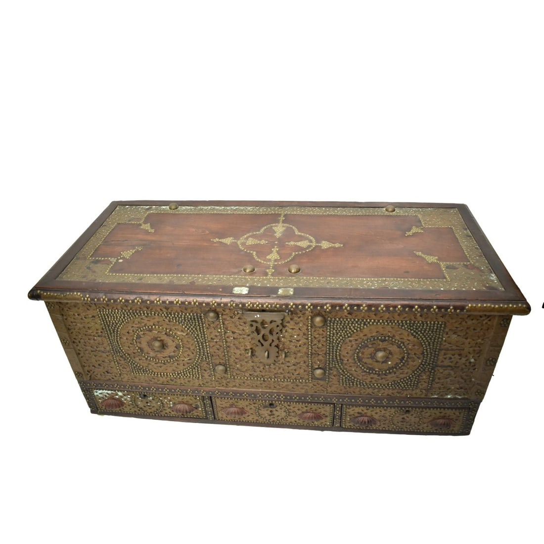 Antique Asian Wood Blanket Chest: Antique Asian Wood Blanket Chest with Attached Metal Corners and Iron Handles to Each End, with an Interior Cover Box. Measures: 22" H, 50" W, 22" D. Condition: Good condition. Estimate: $200.00 - $50