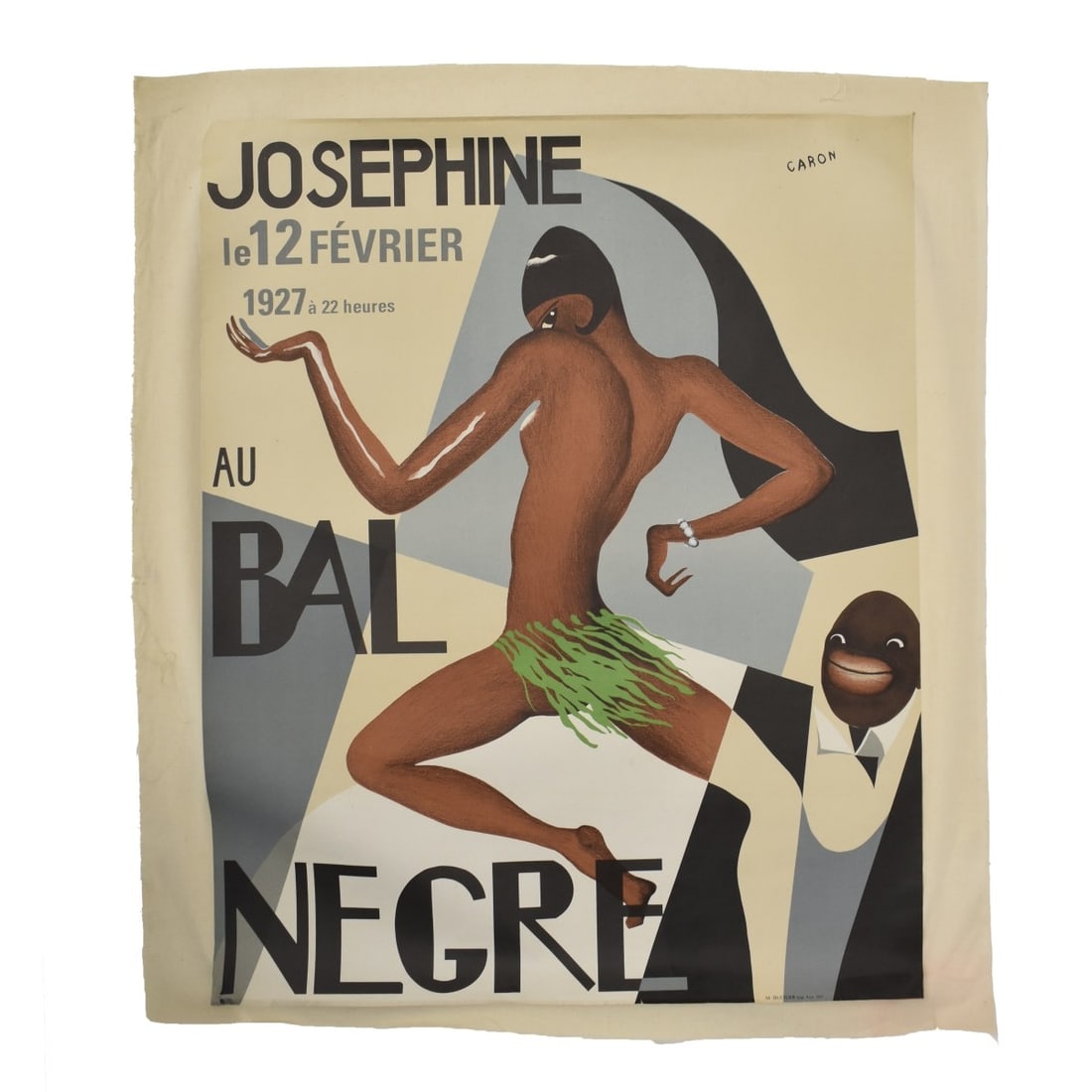Vintage Josaphine Baker Advertising Poster: Vintage Josaphine Baker Advertising Poster Mounted on Cloth. M. Ducelier Imp. Paris Paris 1927. Overall measures 34-1/2" x 30-1/2". Condition: Good condition. Estimate: $100.00 - $300.00 Domestic Ship