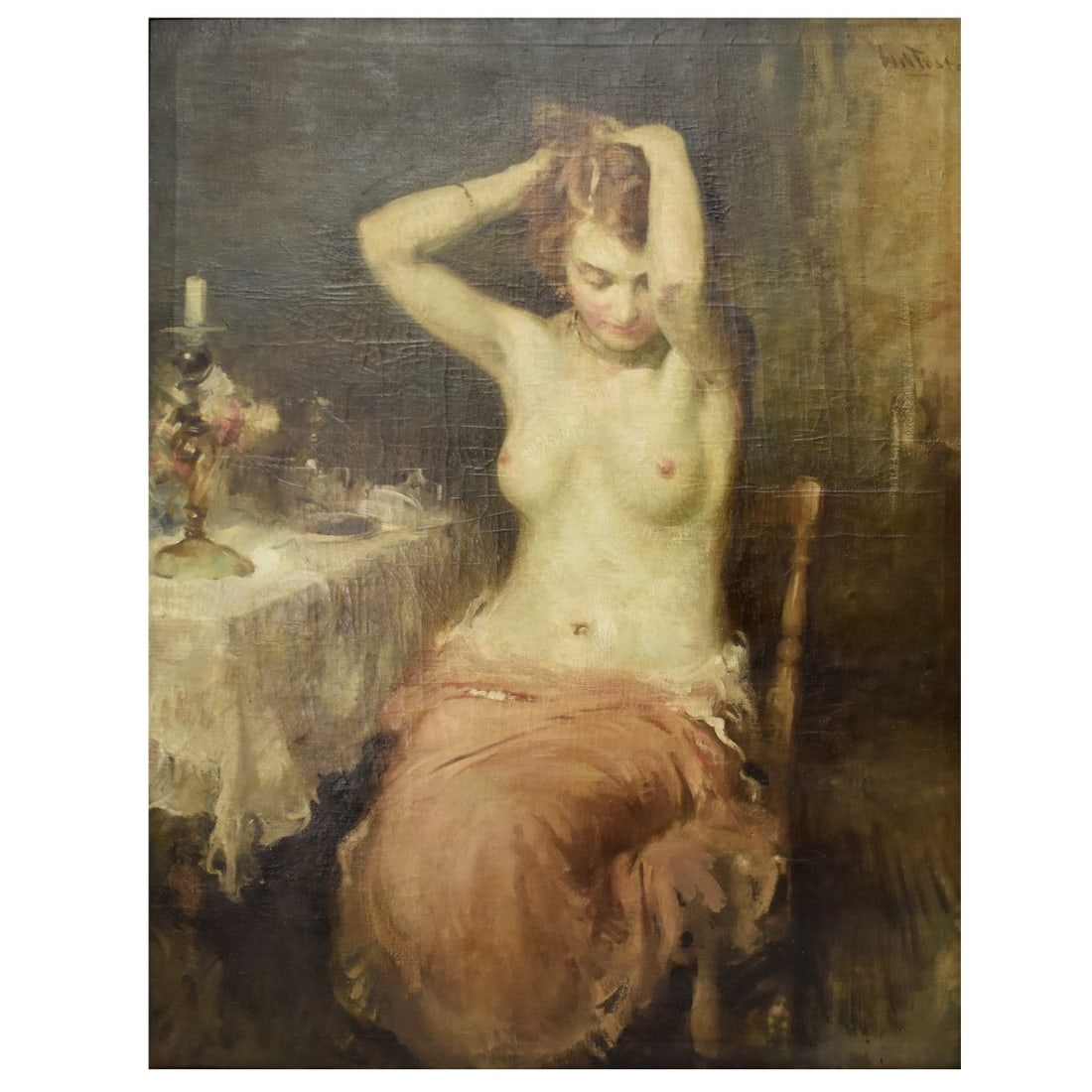William Frederick Foster, American (1883 - 1953): William Frederick Foster, American (1883 - 1953) Oil on Canvas "Portrait of a Nude" Signed Top Right Corner. Measures 49" x 39". Frame measures 53-3/8" x 42-7/8". Condition: Craquelure to the canvas.