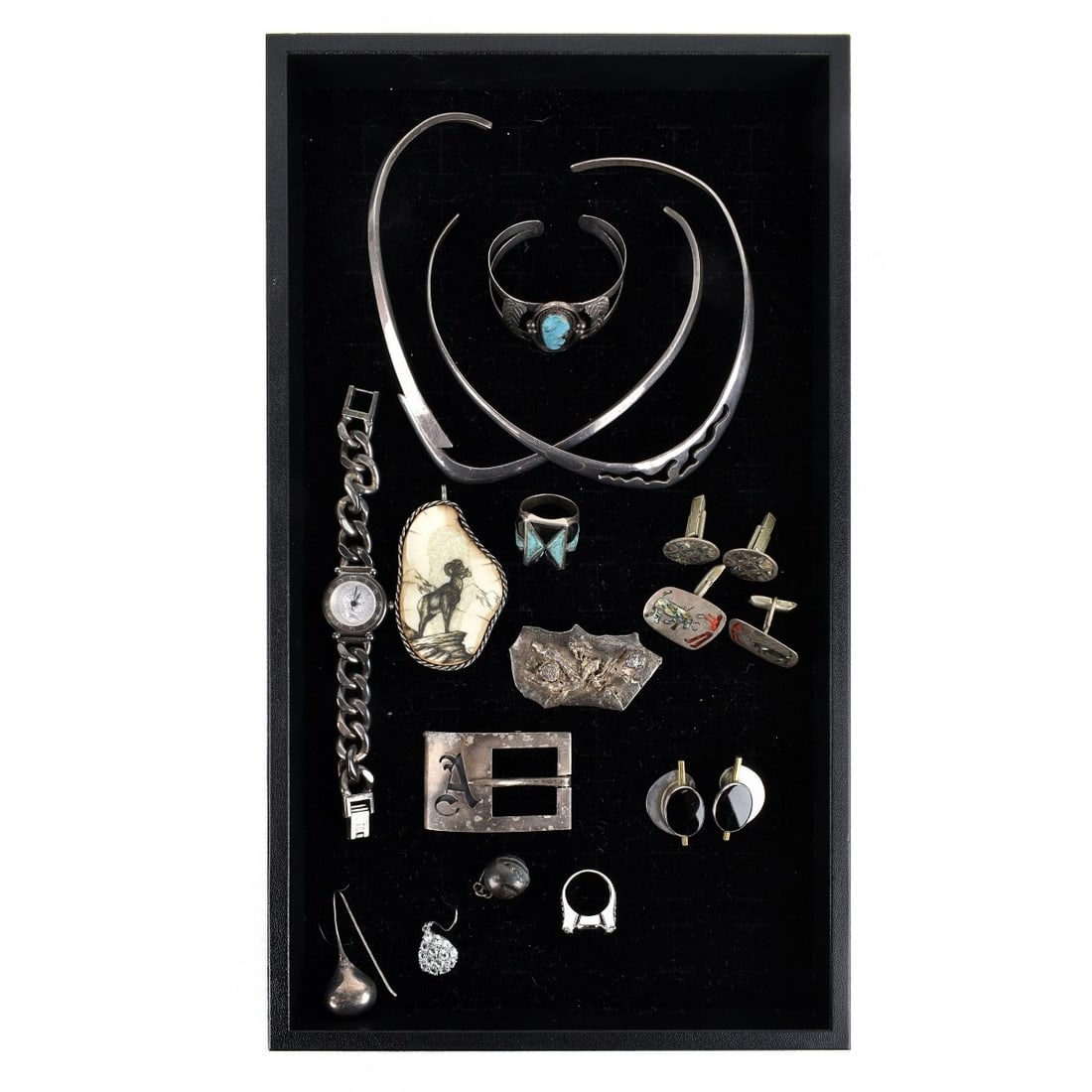 Silver Jewelry: Tray Lot of Vintage Silver Jewelry. To include choker necklaces, bracelet with turquoise, watch with silver bracelet, cufflinks with inlay, earrings, ring with onyx and turquoise, ring setting, pendan