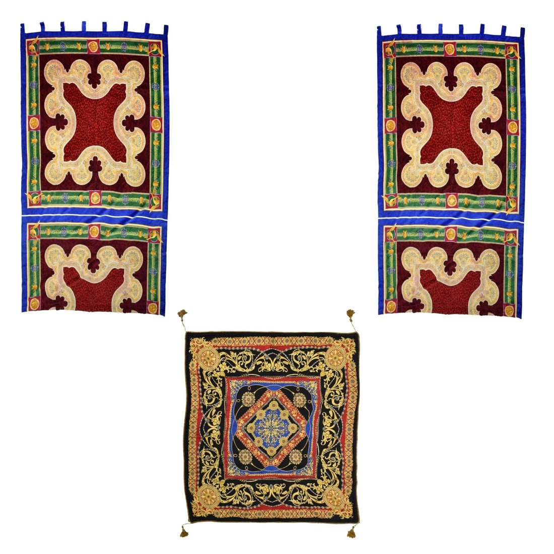 Versace Style Medusa Furnishings: Versace STYLE Medusa Furnishings. Set of Medusa velvet Drapes. 80" L with 3" tab top. Along with a Versace style throw cover, measures 50" Square. Condition: Good condition, some bleeding to the white