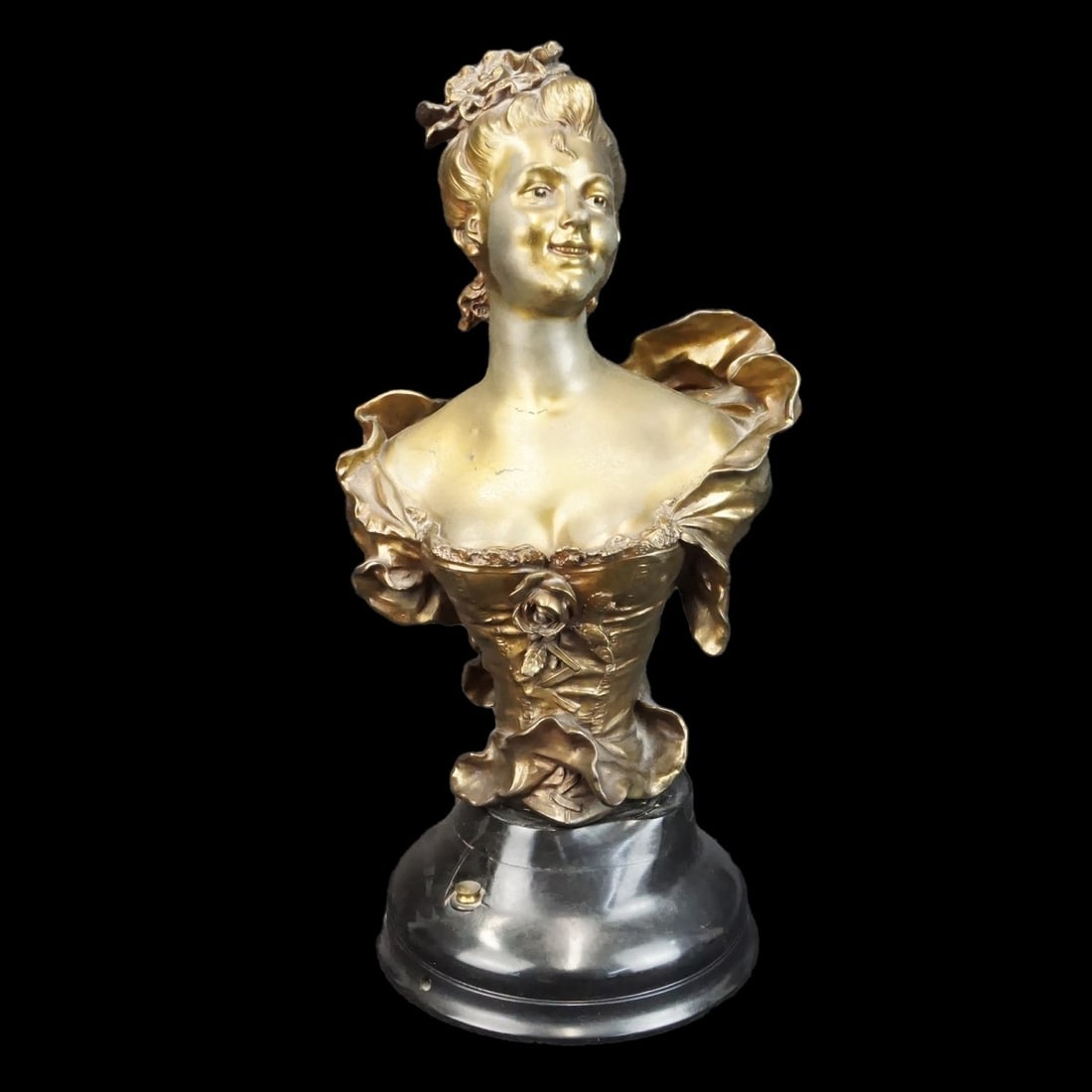 After: Louis Moreau (1855 - 1919): After: Louis Moreau, French (1855 - 1919) "Bust of a Woman" French Metal Sculpture Presented on a Wooden Base. Signed. Overall measures 20-1/2" x 9". Condition: Rubbing to the gilding otherwise good c