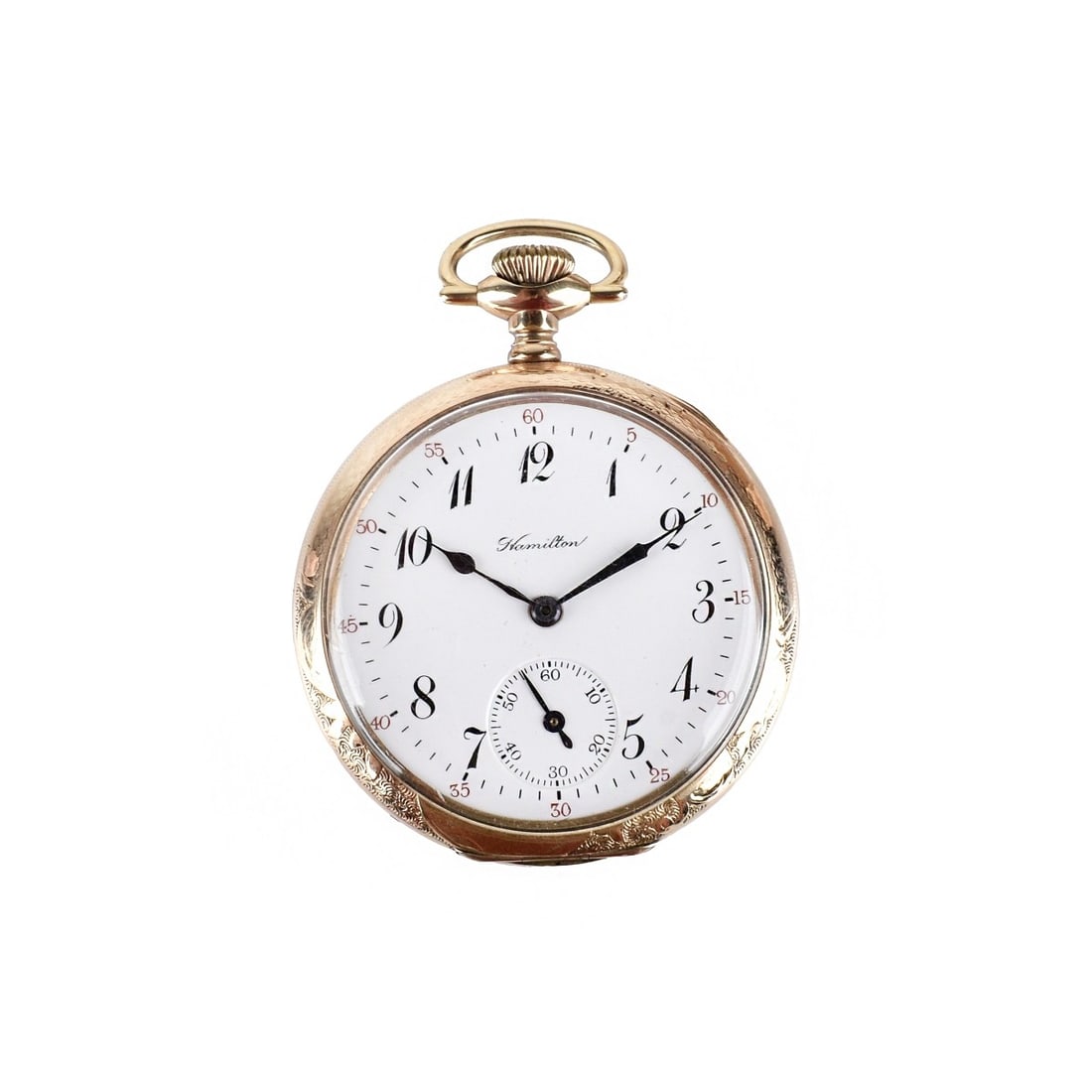 Hamilton Pocket Watch: Antique Hamilton Gold Filled Pocket Watch. Manual wind movement. Case measures 50mm. Engraved scrolling foliate design to case. Approx. gross weight: 97.01 grams. Condition: Antique condition, needs s