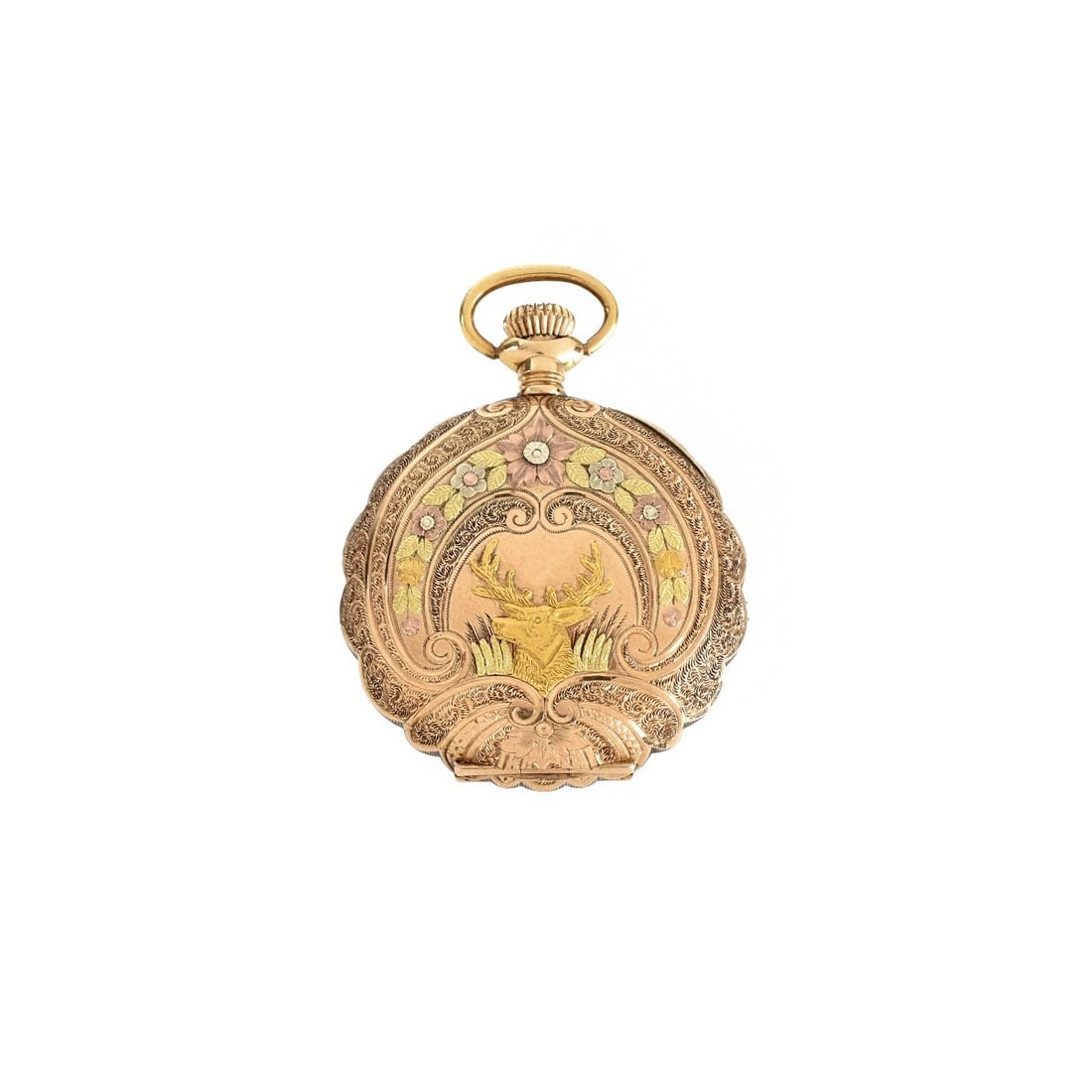 Sternberg & Co 14K Pocket Watch: Lady's Antique Strernberg & Co. Tri-color 14 Karat Gold Pocket Watch. Manual wind movement. Case measures 34mm. Floral design with shield to obverse and stag to verso. Engraved monogram to shield. Cas