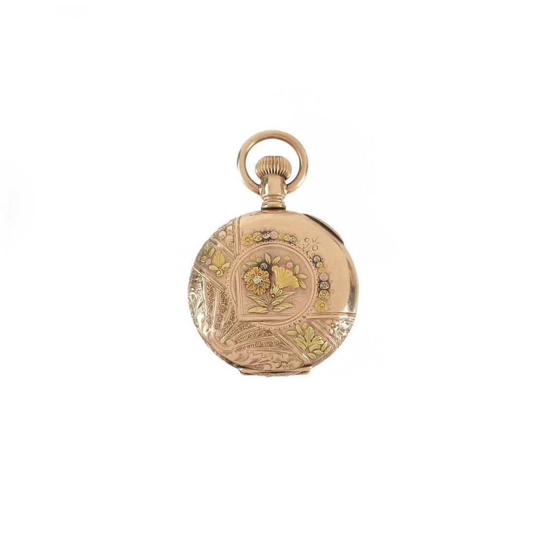 Waltham 14K Pocket Watch: Lady's Antique American Waltham Watch Co. Tri-color 14 Karat Gold Pocket Watch. Manual wind movement. Case measures 33mm. Raised floral design with shield to obverse. Engraved monogram ("J J") to shie