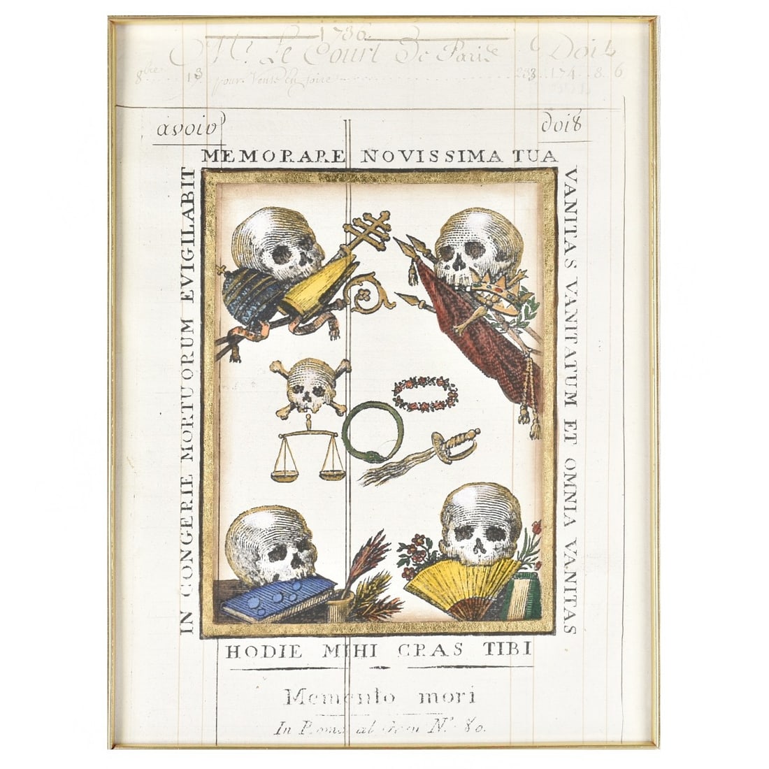 Memento Mori Hand Embellished Print: Memento Mori Hand Embellished Print, on a Handwritten 1736 Document, with Gold Leaf Accents. Viewing area measures: 15" H. 11" W. Frame measures: 18 1/2", 14 1/2". Condition: Good condition. Estimate: