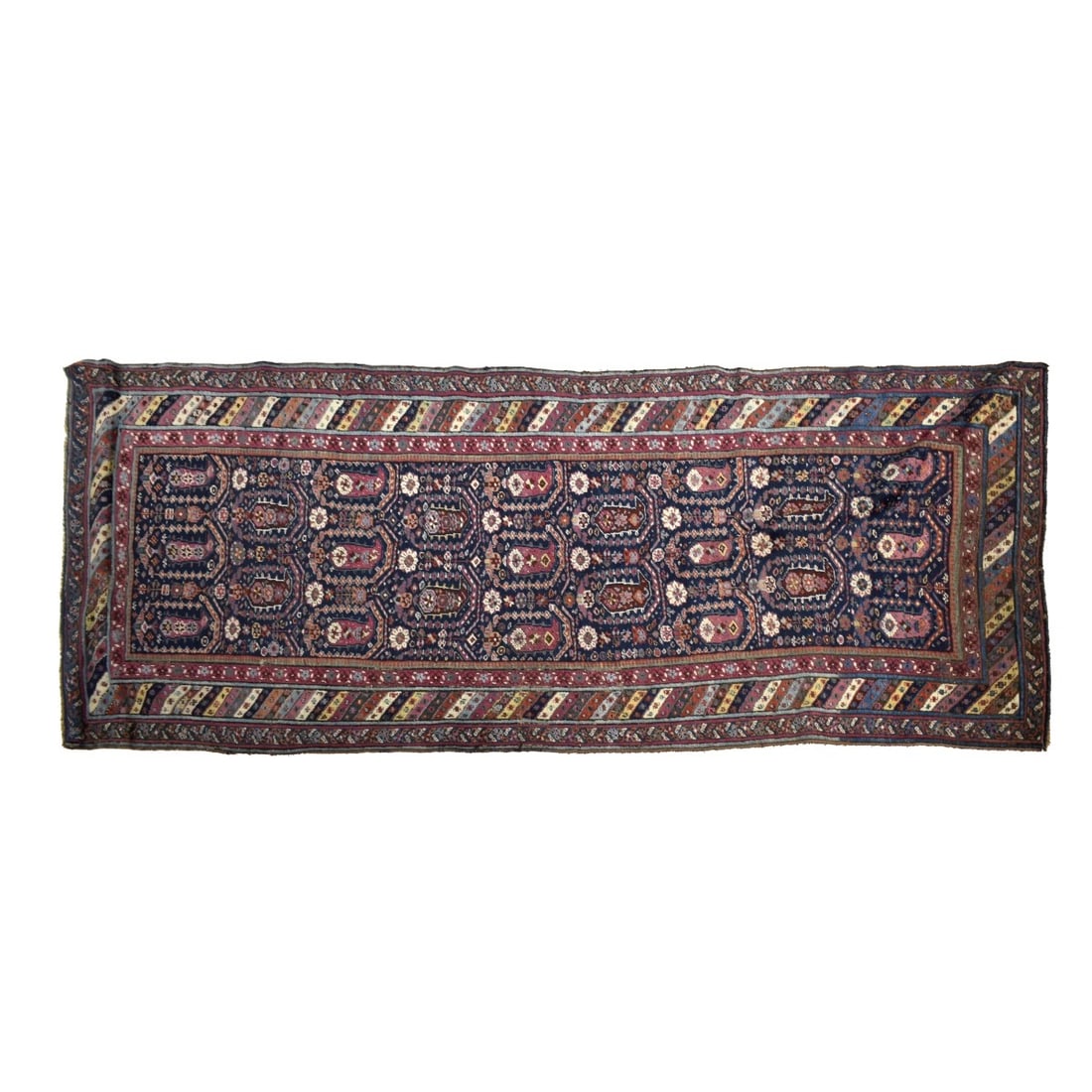 Armenian Karabakh Rug: Antique Armenian Karabakh Wool Runner. Floral design with polychrome stripe border. Measures 93" x 35-1/2" Condition: Good antique condition. Estimate: $100.00 - $500.00 Domestic Shipping: $84.00