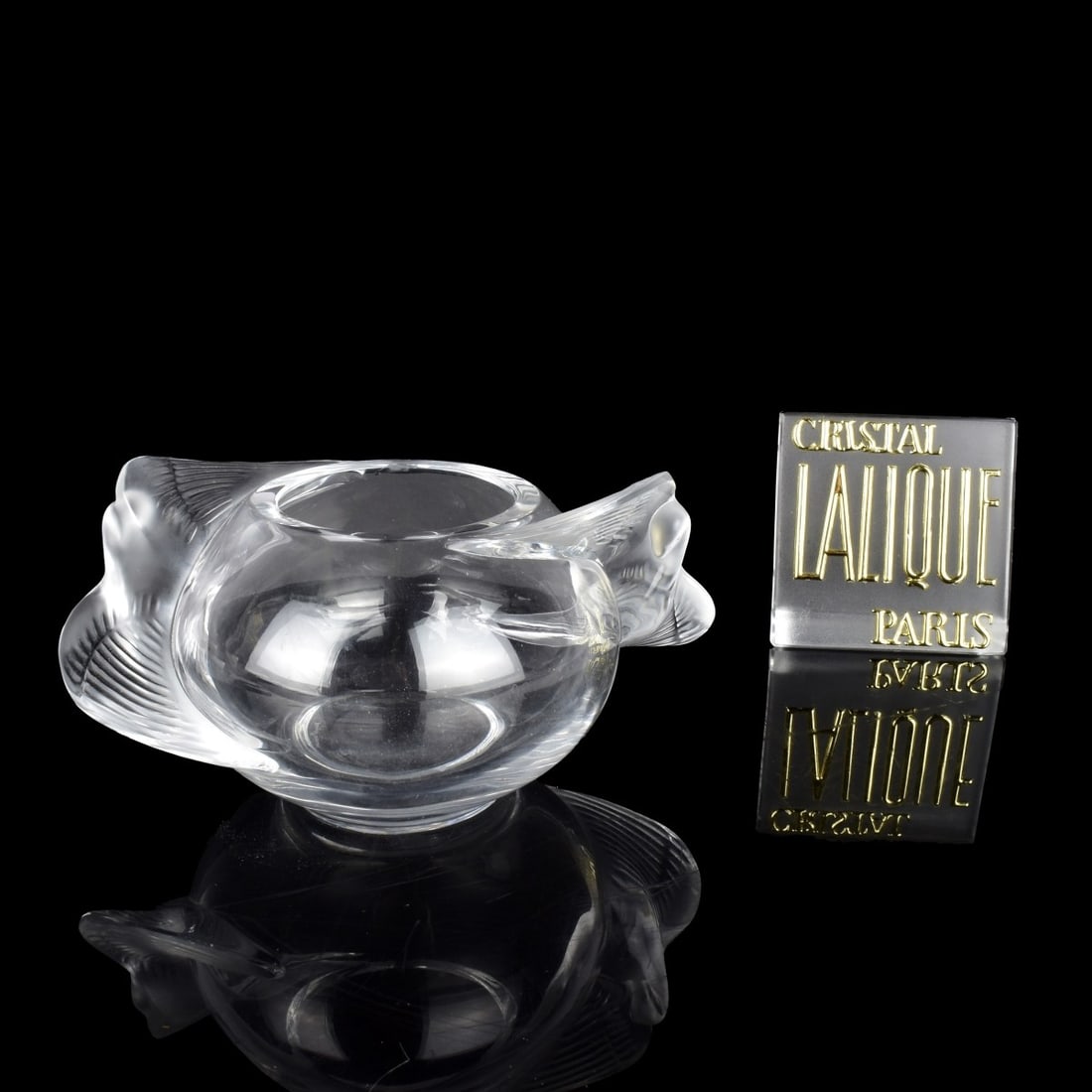 Lalique Crystal Oval Bowl: Vintage Lalique Crystal Oval Bowl With a Love Bird to Each Side, in Clear and Frosty Glass. Signed "Lalique France" on the bottom, measures: 7 1/4" H, 2-3/4" L, 6-3/4" D. Condition: Good condition. Es