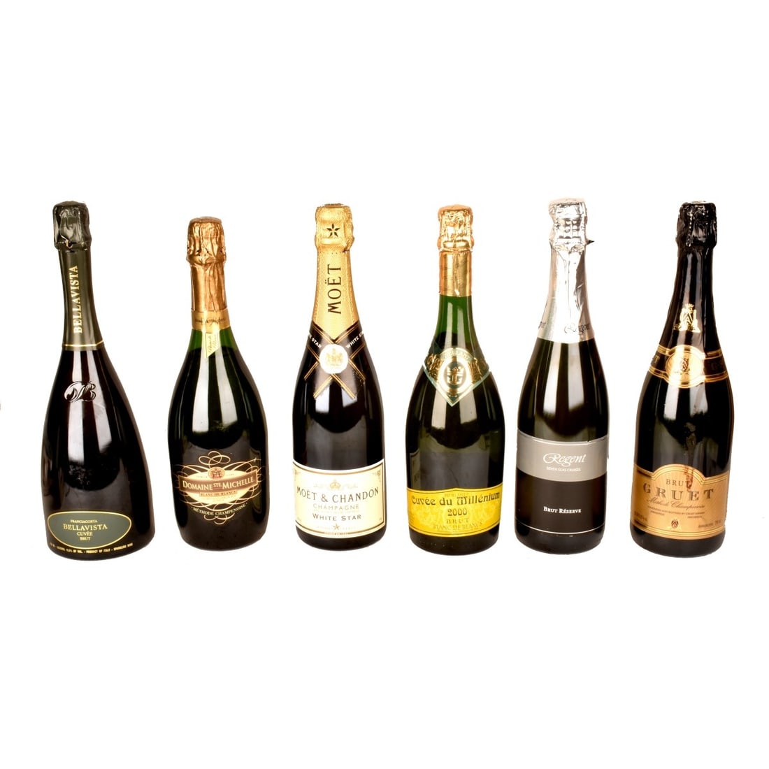 Art Glass Bottles of Champagne: Grouping of Six Art Glass Bottles of Champagne to Include White Star Moet & Chandon, Pierlant 200 Cuvee Du Millenium Brut, Domaine Ste Michelle Sparkling Wine, Bellavista Franciacorta Cuvee Brut, Rege