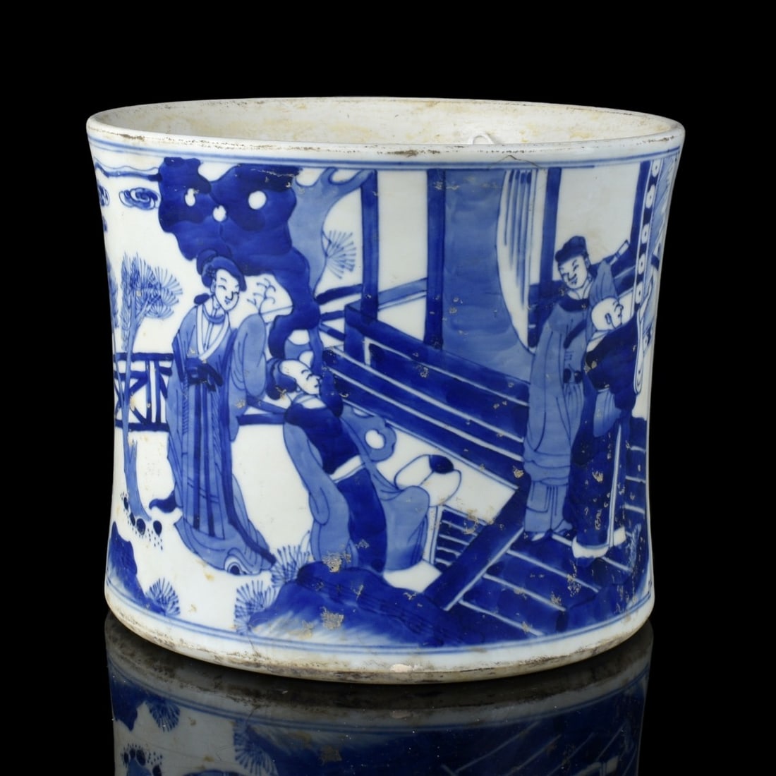 Chinese Bitong Brush Pot: Chinese Blue and White Porcelain Bitong Brush Pot. Signed. Measures 6-1/2" x 7-5/8". Condition: Some soiling to the surface otherwise good condition. Estimate: $200.00 - $400.00 Domestic Shipping: $85