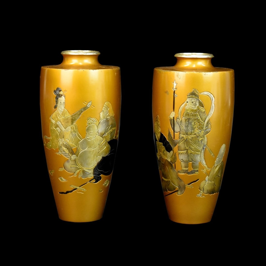 Pr Japanese Mixed Medal Vases: Pair of Antique Japanese Mixed Medal Vases. Signed. Measures 8-1/2" x 4" Condition: Rubbing, paint or patina loss and normal surface scuffs otherwise good condition. Estimate: $100.00 - $300.00 Domest