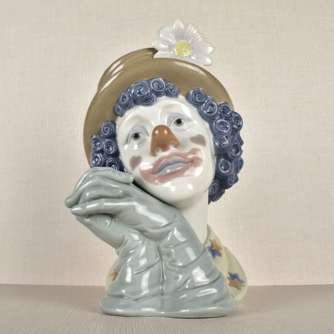 Lladro Figurine of a Sad Clown: Lladro Figurine of a Sad Clown Wearing a Crumpled Hat with His Hands to the Side of His Face. Properly marked on the bottom. Measures: 11-1/4" H, 7-1/2" W, 8" D. Condition: Good condition. Estimate: $
