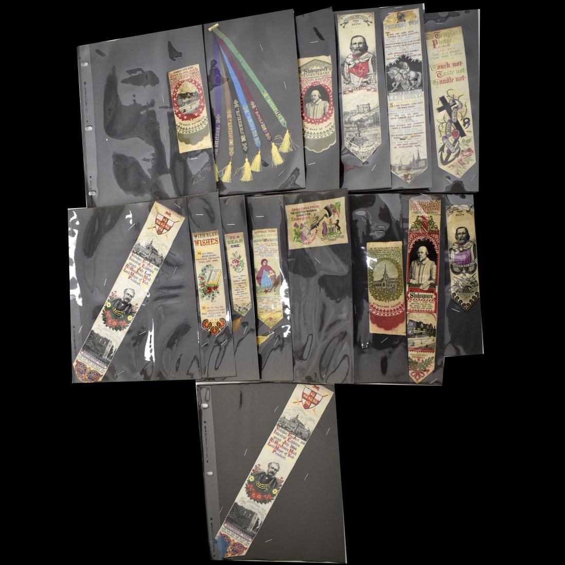 19C Embroidered Silk Bookmarks: Fifteen (15) 19th Century Embroidered Silk Bookmarks. Shakespeare, Garibaldi, Templers, Scottish Exhibit Stratford Church 1908, Multangular Tower 1866, Peeping Tom, Lady Godiva, Red Riding hood, etc .