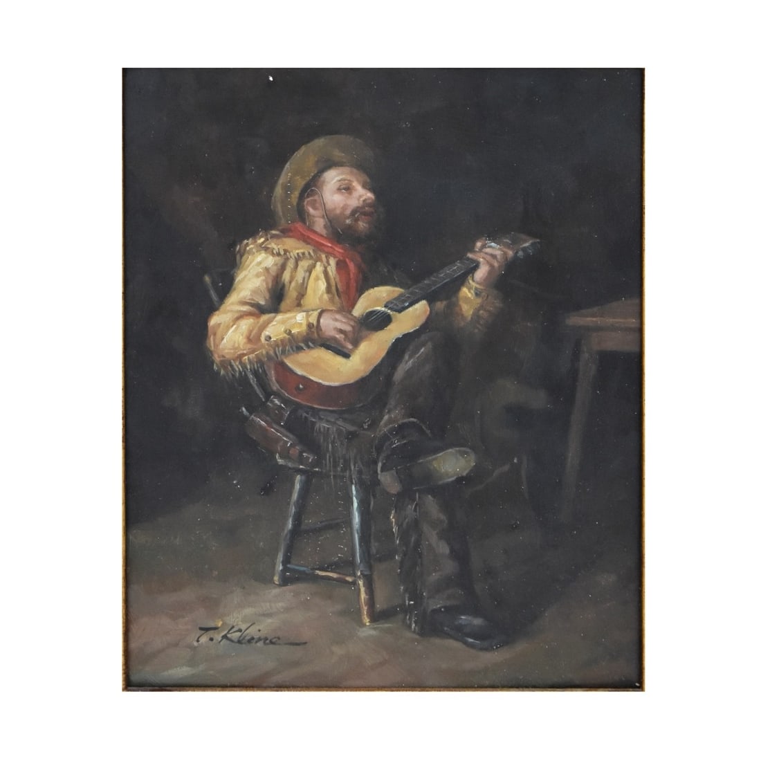 Oil on Board of a Cowboy: Oil on Board of a Seated Cowboy Playing the Guitar and Singing. Signed "T. Klein" bottom left-hand corner. Viewing area measures: 9-1/2" H, 7-1/2" W, frame measures: 17" H, 15" W. Condition: Good cond