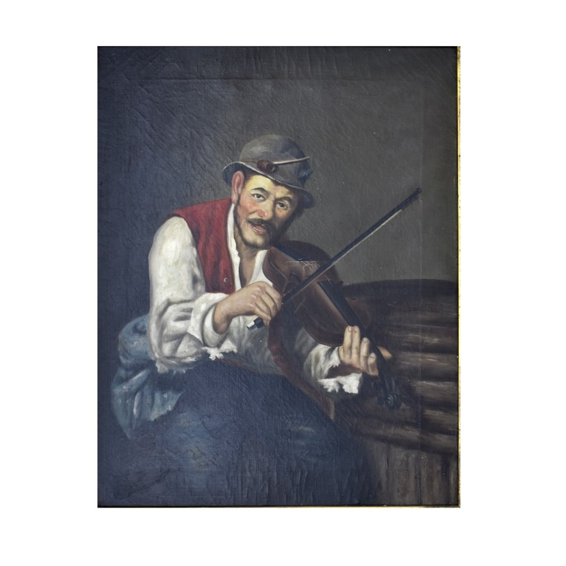 Oil on Canvas of Man with Violin: Oil on Canvas of a Man with Violin. Framed with a name plate reading "G. Saroni", circa 1900. Viewing area measures; 20" H, 15 1/2" W, frame measures 30" H, 26" wide. Condition: Good condition, repair