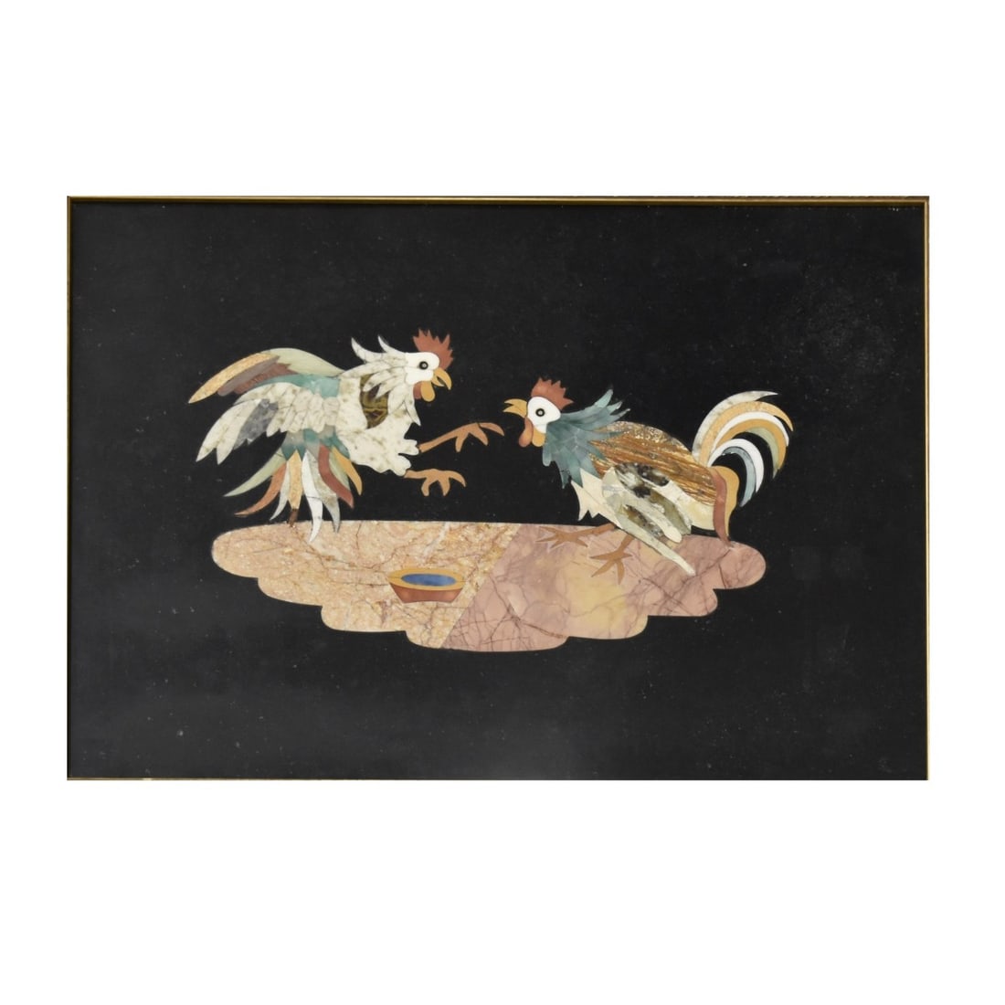 Italian Pietra Dura Plaque: Italian Pietra Dura Plaque of Two (2) Roosters Fighting Over a Bowl of Feed. Image area measures: 13" H, 17-1/4" W, frame measures: 17" H, 21-1/4" W. Condition: Good condition. Estimate: $400.00 - $60