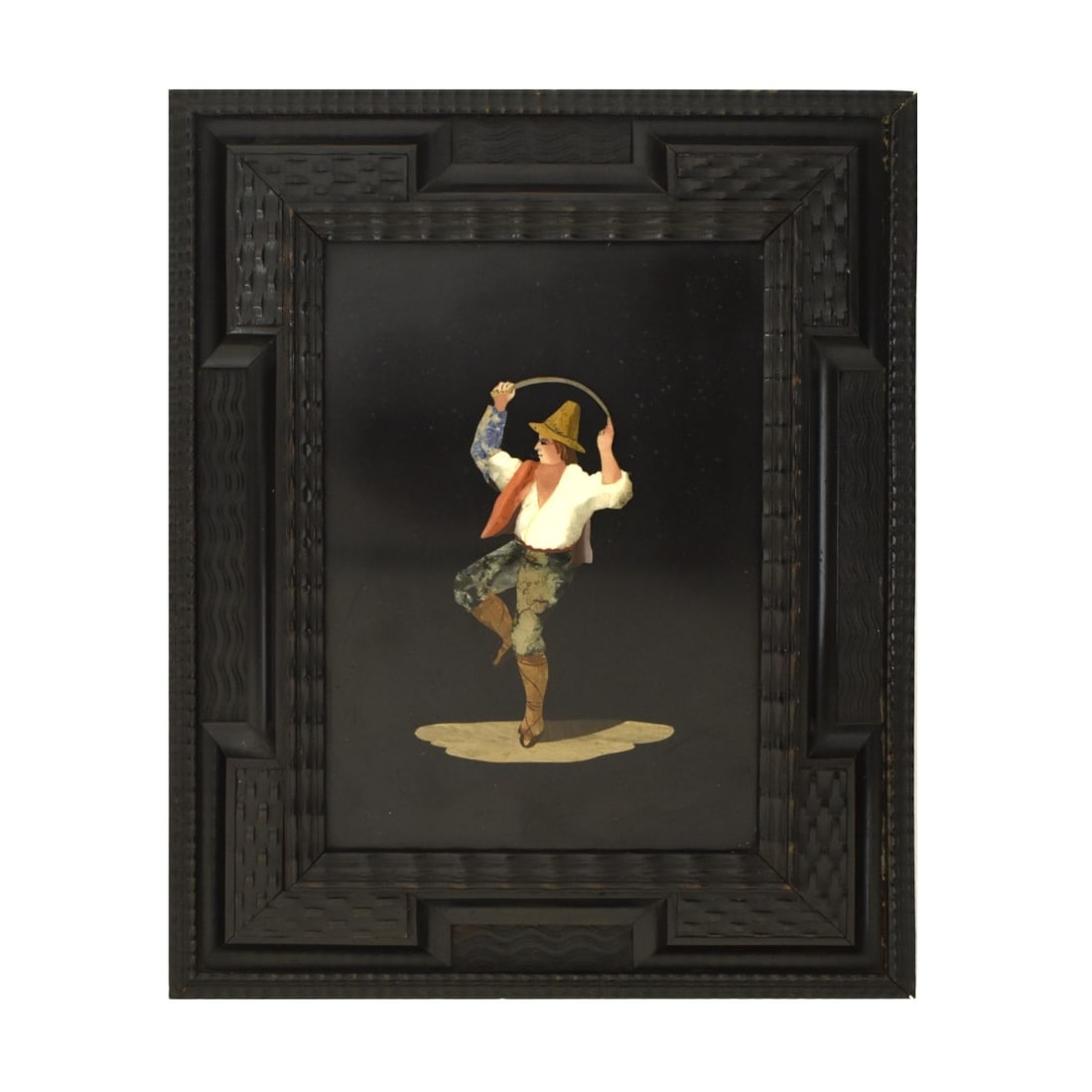 Italian Pietra Dura Plaque: Italian Pietra Dura Framed Plaque of a Man Dancing While Holding a Bow Over His Head, 20th century. Plaque measures: 8- 1/4" H, 6" W, frame measures: 12-1/2" H, 10" W. Condition: Good condition, hairl