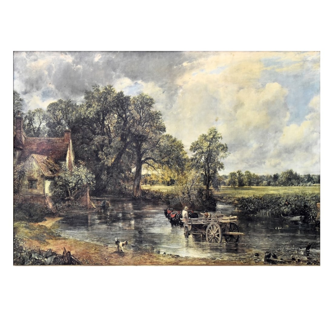 After: John Constable, English (1776-1837): After: John Constable, English (1776-1837). Unsigned. Oil on canvas of a landscape scene with a horse drawn wagon forging a shallow river. 20th century. Viewing area: 17-1/2" H, 25-1/4" W, frame measu