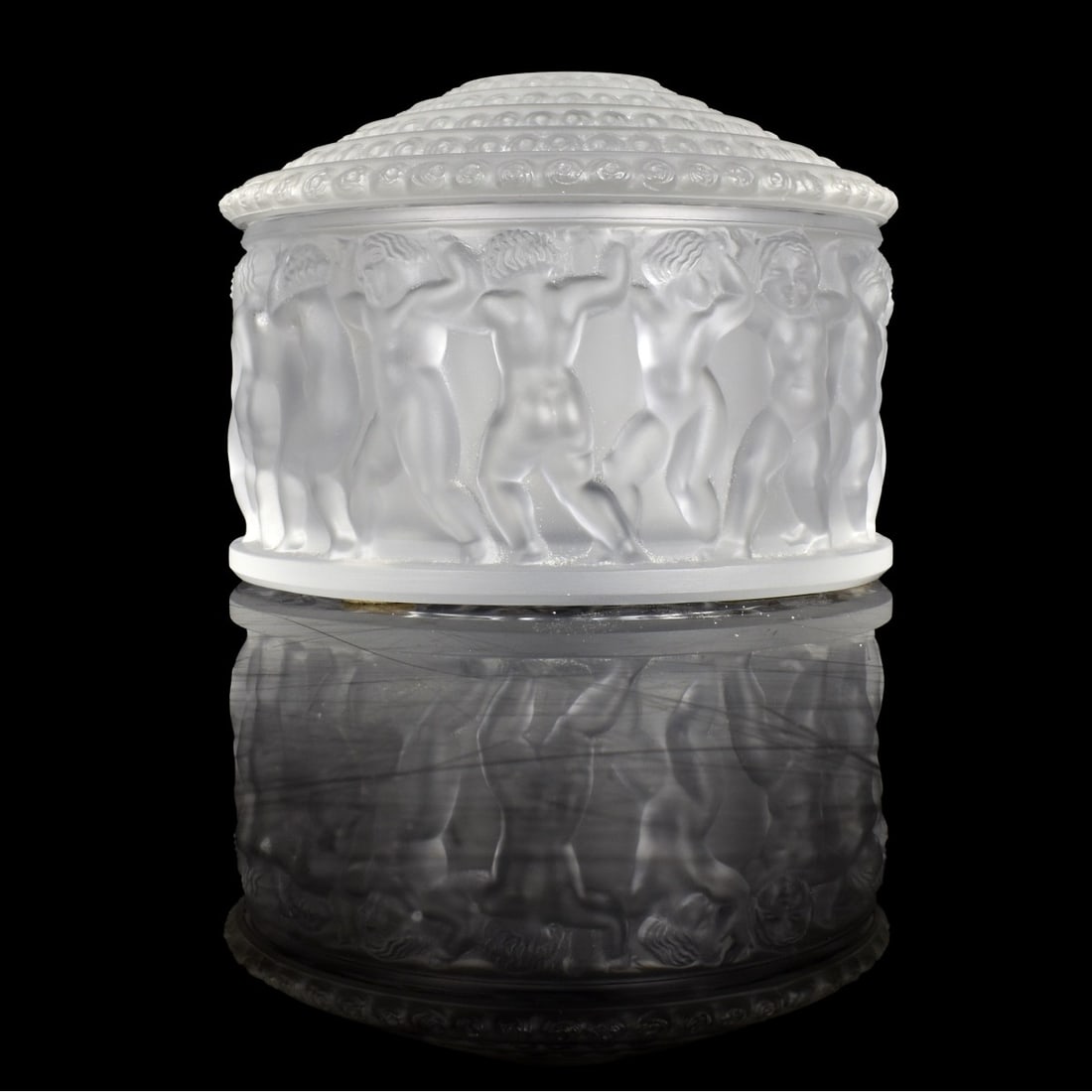 Lalique French "Enfants" Dresser Box: Lalique French "Enfants" Round Dresser Box with Lid in Clear and Frosty Glass. Decorated with raised cherubs all around and flowers to the top cover. Signed "Lalique France" in script to the bottom ed