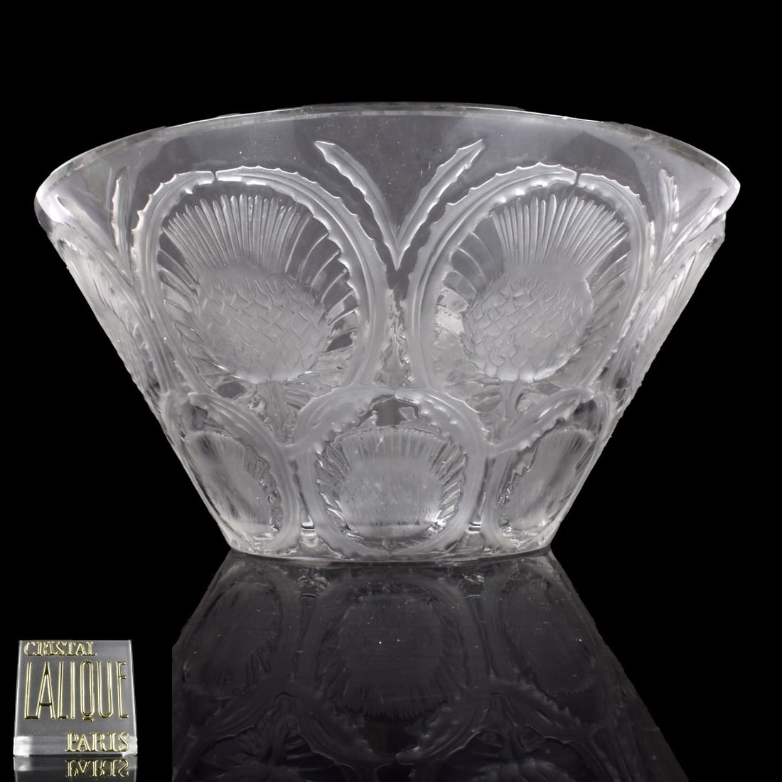 Lalique Pineapple Thistle Bowl: Vintage Lalique Pineapple Thistle Bowl in Clear and Frosty Glass. Acid etched "Lalique" on the bottom, (present but difficult to photograph), Measures: 4-7/8" H, 10-1/8" Dia. Condition: Scratched to b