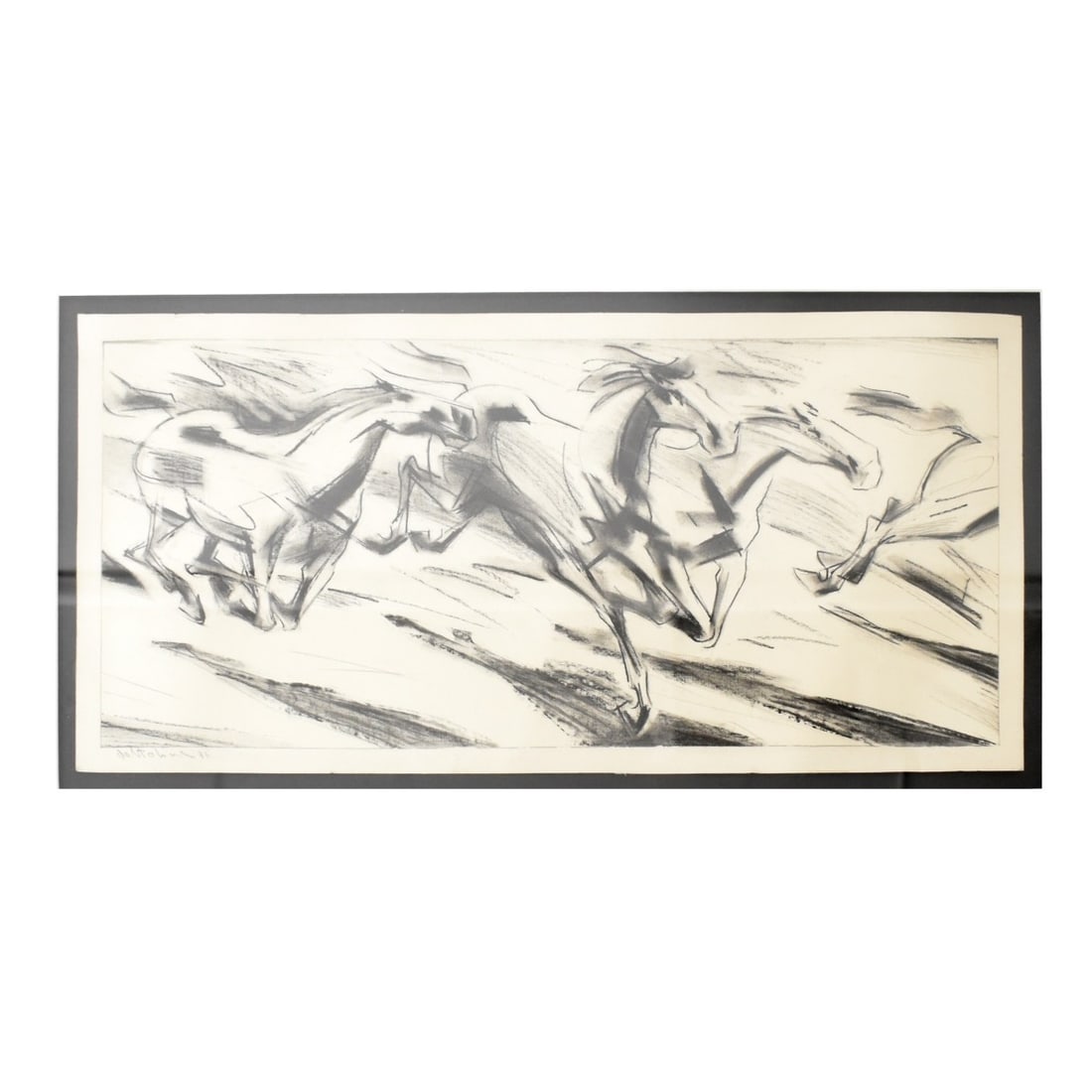 Luigi Voltolina, Italian (b.1942): Luigi Voltolina, Italian (b.1942) Abstract Charcoal of Running Horses on on Paper. Artist signed and dated. Image area measures: 12" H, 29" W, frame measures: 23-1/2" H, 39-1/2" W. Condition: Good con