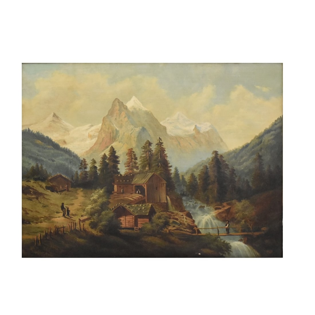 J. Walton Oil on Canvas: J. Walton Framed Oil on Canvas of a Woodland Scene with Running Rapids and Snow Covered Mountains. Signed "J Walton 1866" bottom left-hand corner. Viewing area: 17-1/2" H, 23-1/2" W, 26-1/2" H, 32-1/2