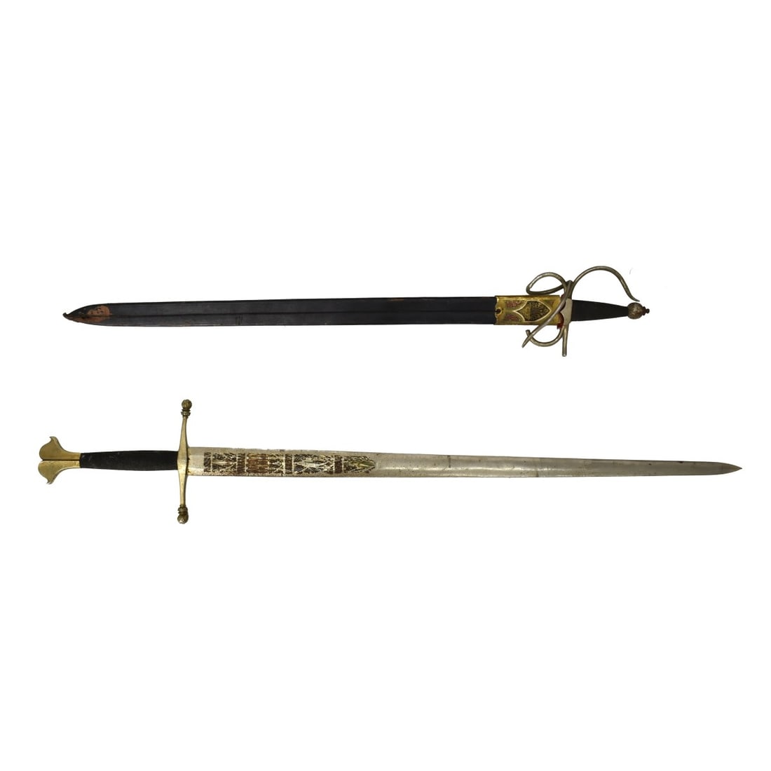 Two El Cid Replica Swords: Two El Cid Style Replica Swords. One with scabbard marked Colada del cid and the other unmarked. Scabbard sword overall measures 39-1/2" L x 5-7/8" W. Larger heavy sword measures 48-1/4" L x 8-1/2" W.