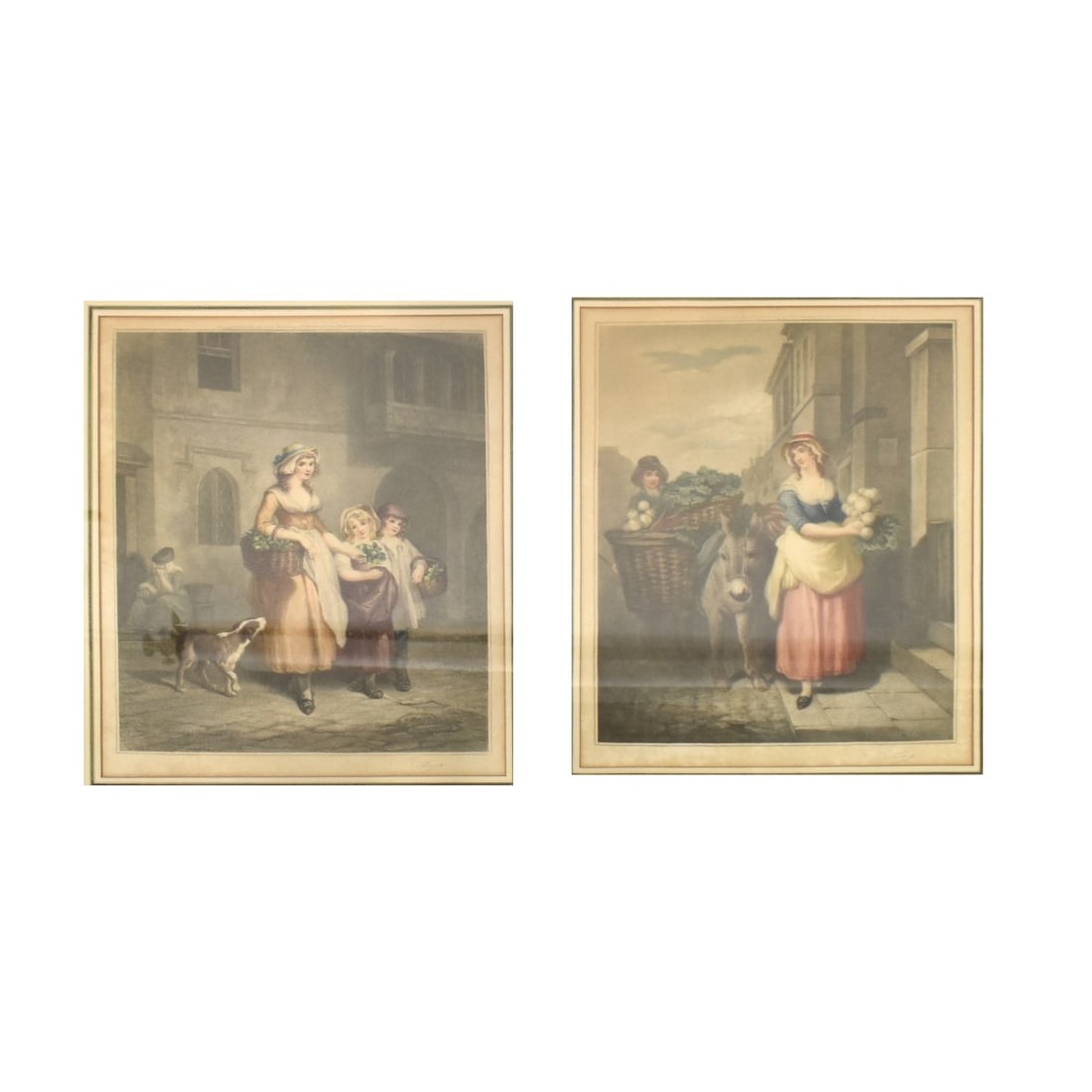 Two (2) Color Engravings after Francis Wheatley: Two (2) Colored Engravings after Francis Wheatley, From Cries of London Series. Both signed in pencil, copyright 1926. Image area measures: 15" H, 12" W. frame measures: 24-1/2" H, 20-1/2" W. Conditio