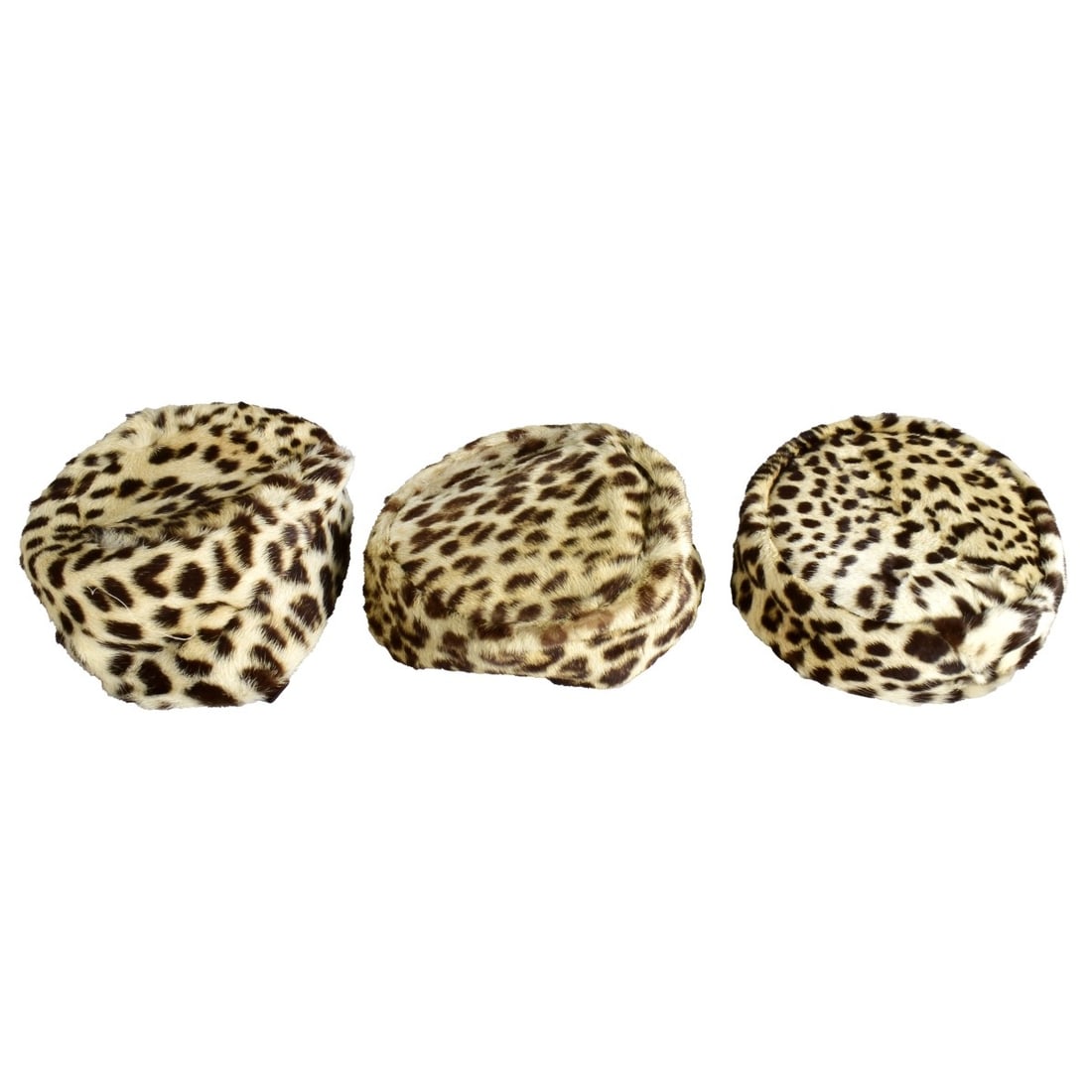 Three (3) Genuine Leopard Skin Hats: Three (3) Genuine Leopard Skin Hats, All pill box style some with Hair combs. One marked Carolyn Harris, Little Neck L.I. Measures 2"H x 6-3/4" interior. Julia Spivak Washington D. C. measures 3-3/4"H