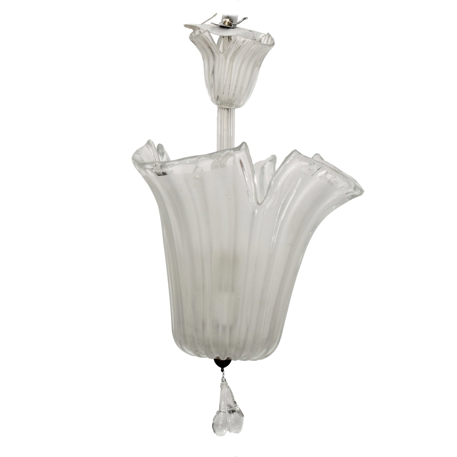 Mid-Century Italian Glass Chandelier: Mid-Century Italian Glass Three (3) Light Chandelier in Clear and frosted Glass. Measures: 25" H, 14-1/2" Dia. Condition: Good condition. Estimate: $150.00 - $600.00 Domestic Shipping: Third party.