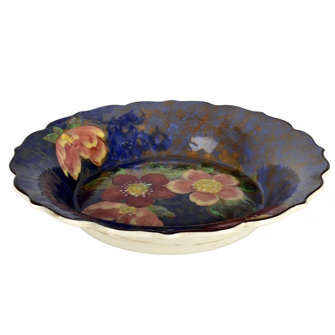 Royal Doulton "Wild Rose" Bowl: Vintage English Royal Doulton Wild Rose Bowl. Marked with the Royal Doulton mark and incised number "8206A" and painter number "Db227". Circa 1940. Measures: 2-3/8" H, 11-1/2" Dia. Condition: Very goo