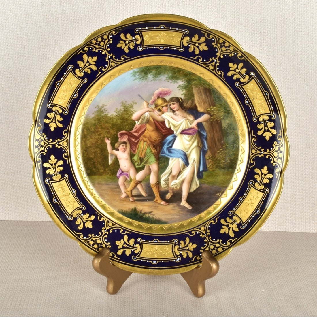 Royal Vienna Portrait Plate: Royal Vienna Portrait Plate "Hector" Cobalt Blue and Gilt Hand Painted Portrait Plate. Signed Kiemer. Marked on the back with the Royal Vienna beehive mark under glaze. Circa 19/20th century. Measures