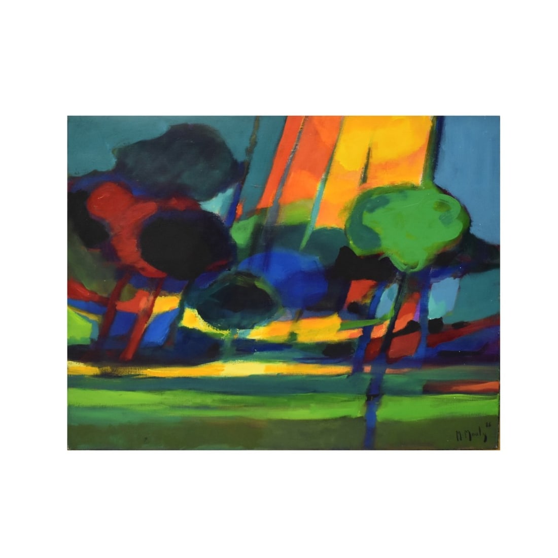 Marcel Mouly, French (1918-2008): Marcel Mouly, French (1918-2008) Oil on Canvas. Titled to back of canvas.Titled "Clearing with Big Trees" Signed and dated 1988. Image area measures: 23-3/4" H, 28-3/4" W, frame measures: 34-1/2" H, 3