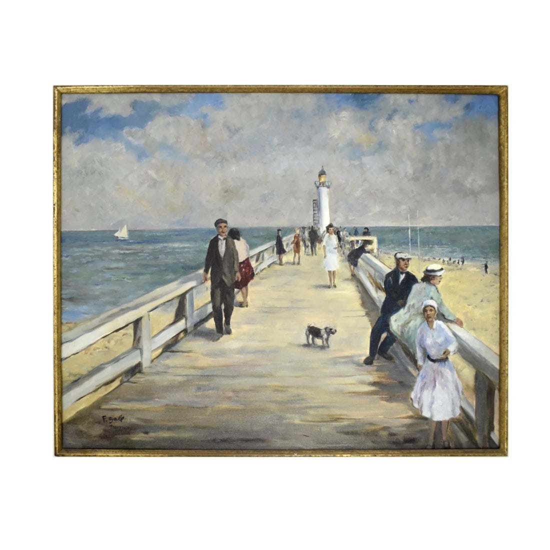 Attributed to Francois Gall, French (1912-1987): Attributed to Francois Gall, French (1912-1987) Oil on Canvas of a Deauville Beach Scene with Pier. Signed bottom left hand corner. Viewing area measures: 19-1/2" H, 23-1/2" W, frame measures: 29" H,