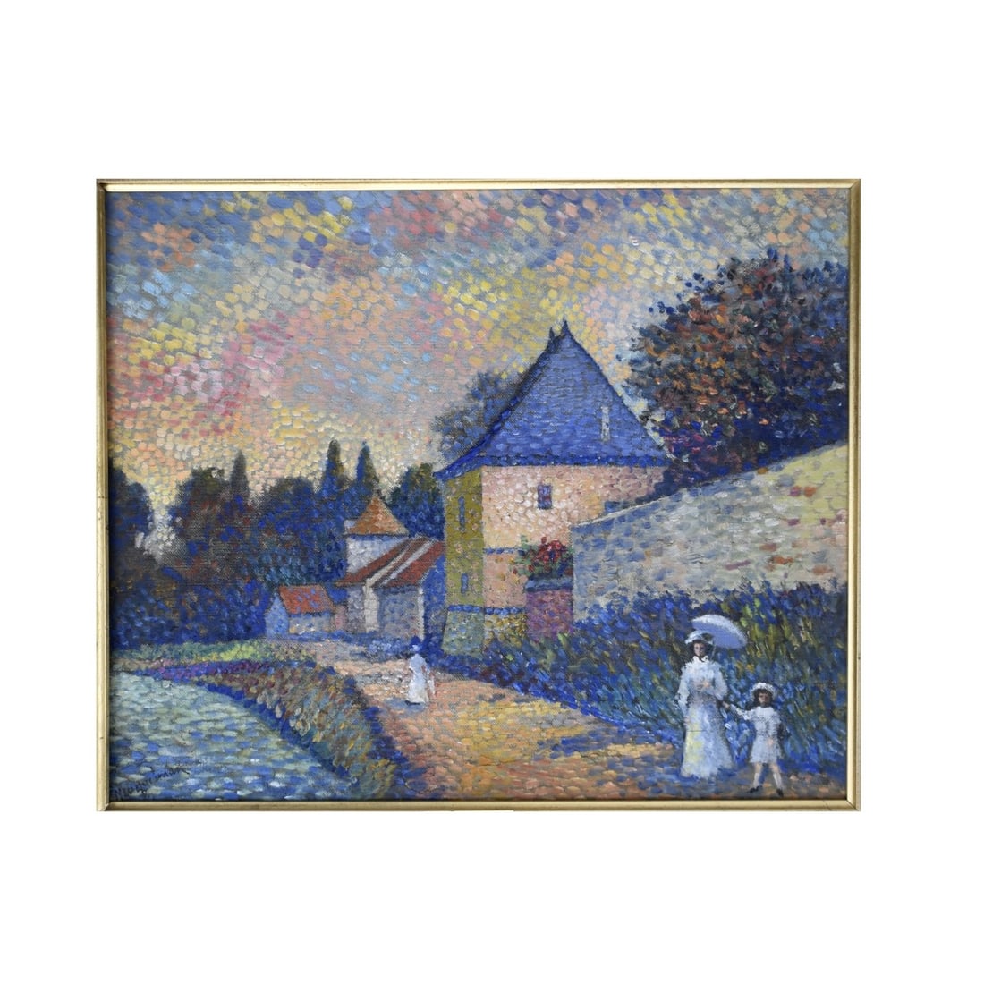 Lucien Neuquelman, French (1909-1988): Lucien Neuquelman, French (1909-1988) Pointillist Oil on Canvas of a Village Scene. Signed bottom left hand corner. Viewing area measures: 14-1/2" H, 17-1/4" W, frame measures: 23" H, 26" W. Condition