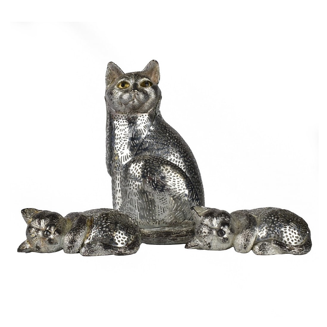 Christofle France Cat Family Lumière: Christofle France Cat Family Lumiere d'argent collection, mother cat and two sleeping baby's, With pierced overlay. Silver plate hallmarks. Mother measures 3-1/2" H x 2-3/8" W x 2"D. Kittin's 3/4" H x