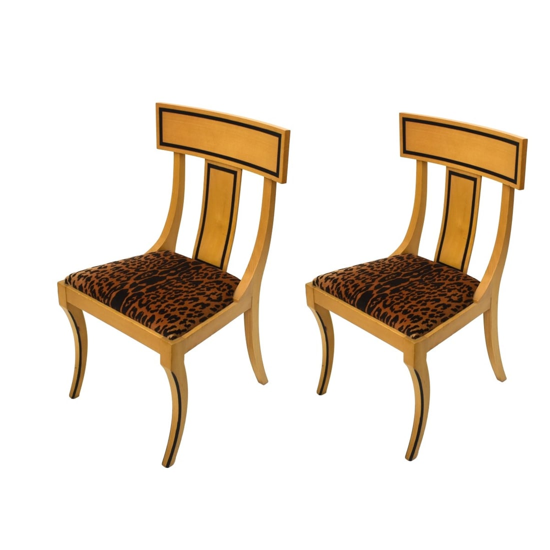 Pair of Beechwood Klismos Chairs: Pair of Beechwood Klismos Chairs with Leopard Print Seats. Measures: 35" H, 20" W, 19" D. Condition: Good condition. Estimate: $100.00 - $200.00 Domestic Shipping: Third party.