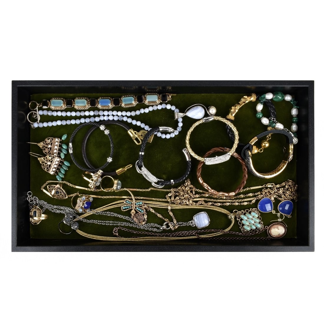 Fashion Jewelry: Collection of Vintage Fashion Jewelry. To include necklaces, bracelets, rings and earrings. Variously accented with hardstones, faux diamonds and more. Various styles and makers. Condition: Good vinta