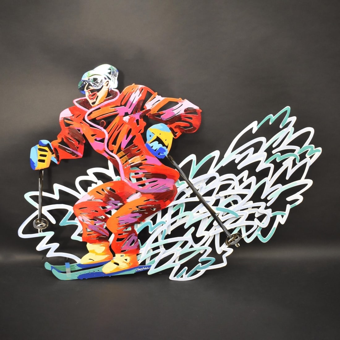 David Gerstein, Israeli (b. 1944): David Gerstein, Israeli (b. 1944) Limited Edition Two (2) Layer Wall Art Polychrome Painted Metal Cut Out Figural Sculpture of a Skier on Snow Covered Mountains. Artist signed and numbered 4/150. Meas