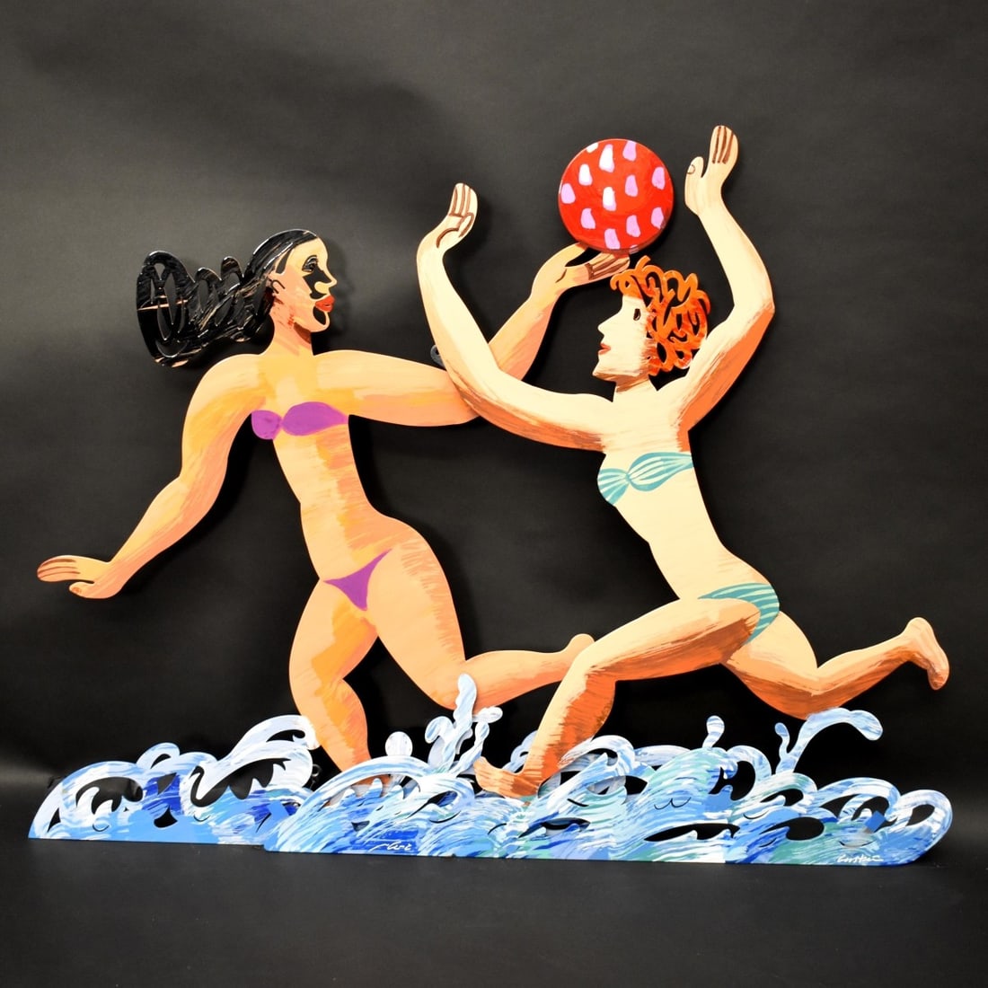 David Gerstein, Israeli (b. 1944): David Gerstein, Israeli (b. 1944) Limited Edition Two (2) Layer Wall Art Polychrome Painted Metal Cut Out Figural Sculpture of Beach Goers Playing with a Ball. Artist signed and numbered 13/150. Measu