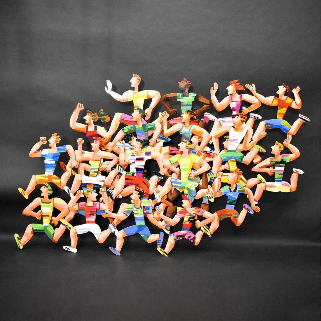 David Gerstein, Israeli (b. 1944): David Gerstein, Israeli (b. 1944) Limited Edition Three (3) Layer Wall Art Polychrome Painted Metal Cut Out Figural Sculpture of Marathon Runners. Artist signed and numbered 113/150. Measures: 35-1/2"