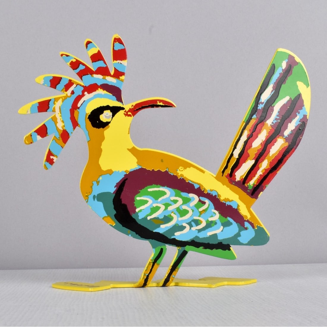 David Gerstein, Israeli (b. 1944): David Gerstein, Israeli (b. 1944) Polychrome Painted Metal Cut Out Figural Sculpture of a Small Bird Looking Back. Artist signed. Measures: 6" H, 5" W, 1-3/4" D. Condition: Very good condition. Estima