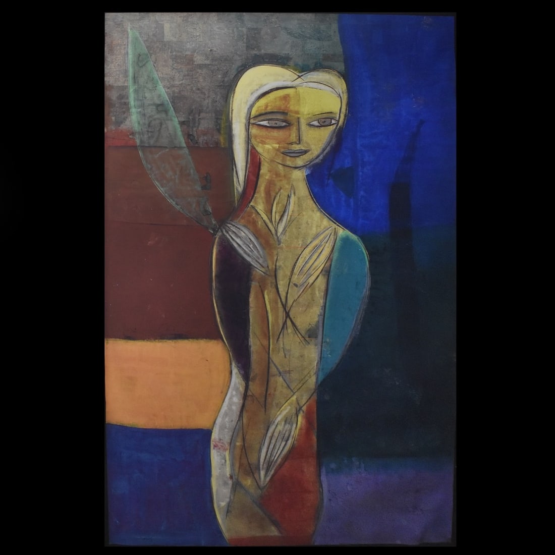 Jamali, United States/Pakistan (b-1944): Jamali, United States/Pakistan (b-1944) Original Abstract Tempera Fresco Oil on Paper Presented in a Quality Gold Leaf Frame Under Glass. Artist signed bottom right hand corner. Gallery label affixed