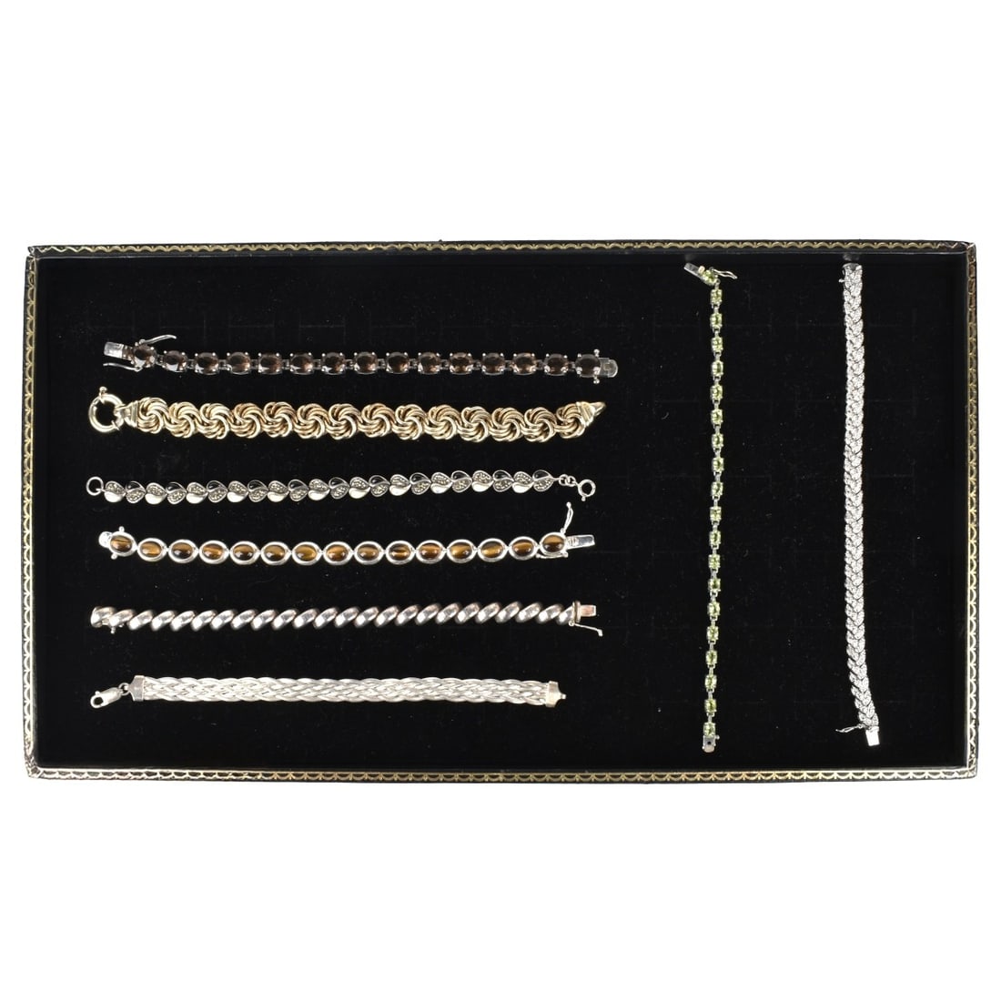 Sterling Bracelets: Eight Vintage Sterling Silver Link Bracelets. Variously accented with color stones, hardstones, faux diamonds and more. Various makers. Most stamped 925. Measure 7" L. Approx. total weight: 138.40 gra