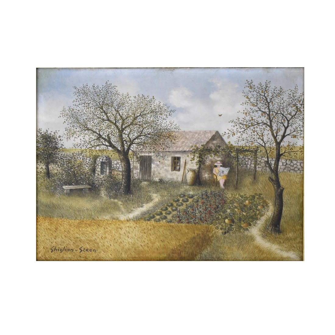 Maurice Ghiglion-Green, French (1913-1989): Maurice Ghiglion-Green, French (1913-1989) Oil on Masonite of a Farmhouse with a Lady Reading. Artist signed bottom left hand corner, dated 1979 on verso. Image area measures: 9-1/8" H, 13" W, frame m