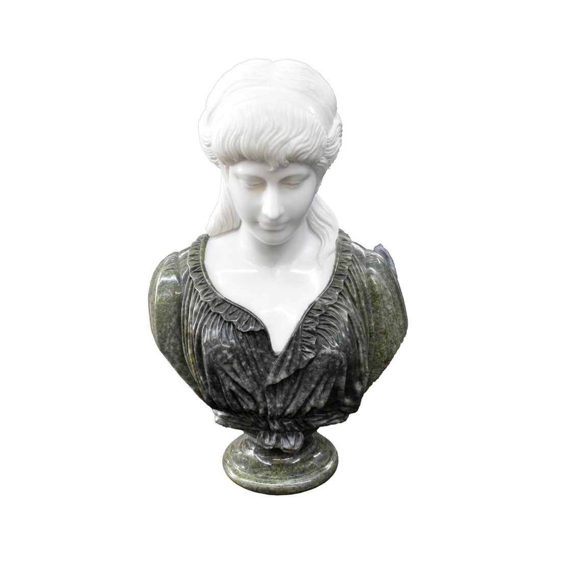 Marble Bust of a Female: Marble Bust of an Art Nouveau Young Lady Wearing a Green Dress. Late 20th century. Unsigned. Measures: 22: H, 16" W, 10" D. Condition: Good condition. Estimate: $300.00 - $500.00 Domestic Shipping: Th