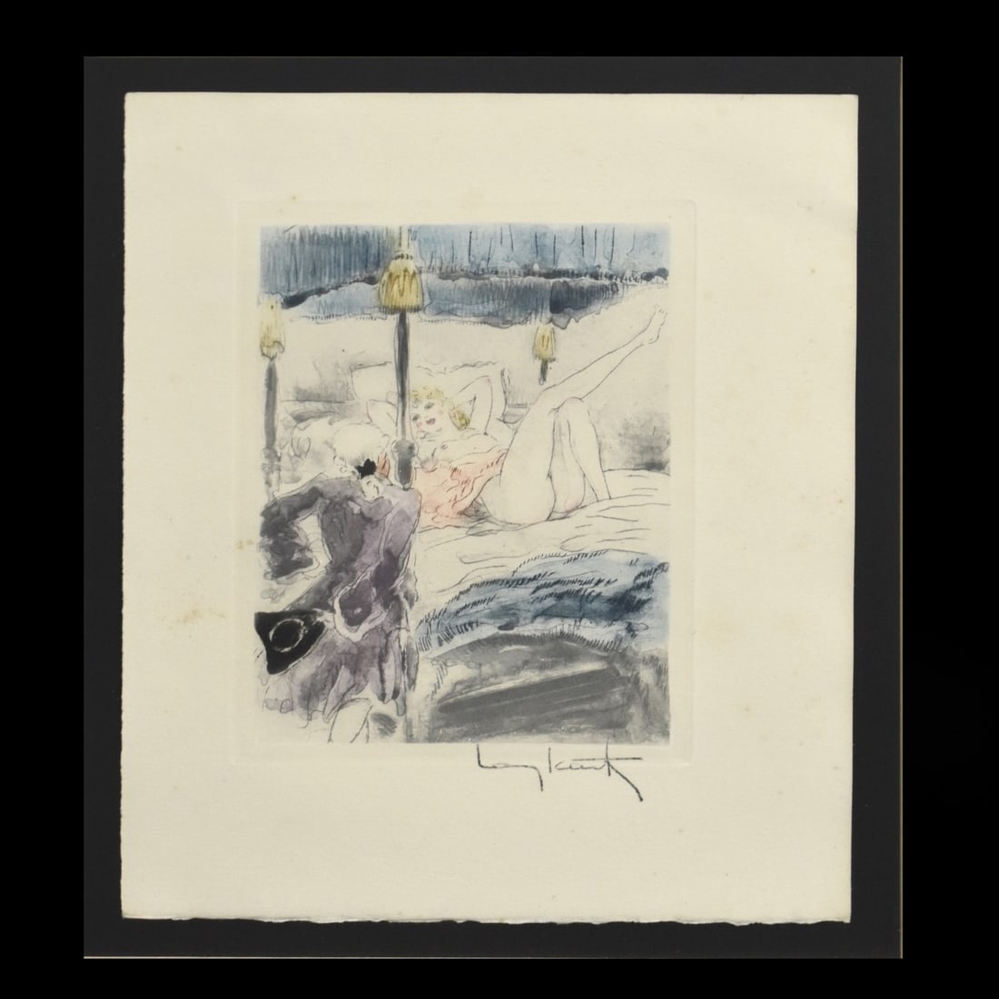 Louis Icart, French (1888-1950): Louis Icart, French (1888-1950) Art Deco Colored Etching Titled "Under the Canopy". Certificate of Authenticity supplied. Image area measures: 7-1/2" H, 5-1/2" W, frame measures: 27" H, 23-1/2" W. Con