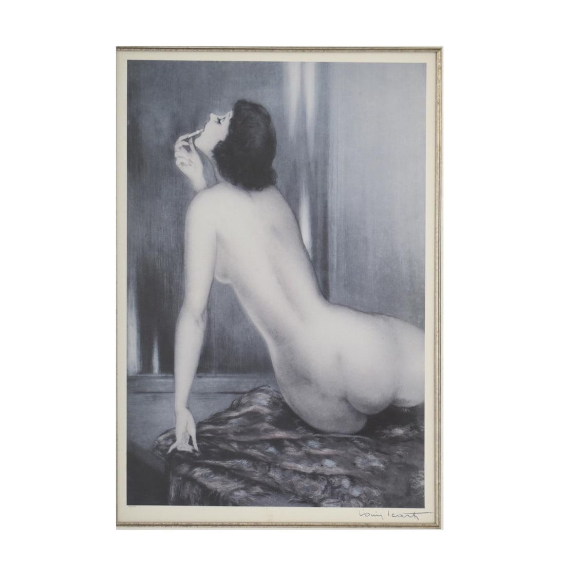 Louis Icart, French (1888-1950): Art Deco Lithograph of a Lady Putting on Lipstick. Artist signed in the plate. Viewing area measures: 34" H, 17" W, frame measures: 34" H, 28" W. Condition: Good condition. Estimate: $50.00 - $100.00