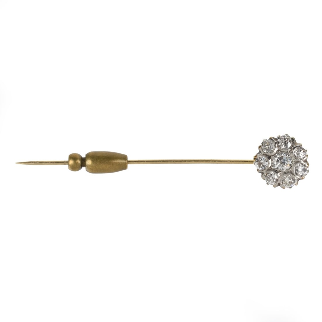 Diamond and 14K Stickpin: Antique Approx. .80 Karat TW Nine Round Brilliant Cut Diamond and 14 Karat Yellow Gold Stickpin. Diamonds G-H color, VS1-SI1 clarity. Measures 2-5/8" L, 3/8" W. Approx. weight: 2.20 grams Condition: V