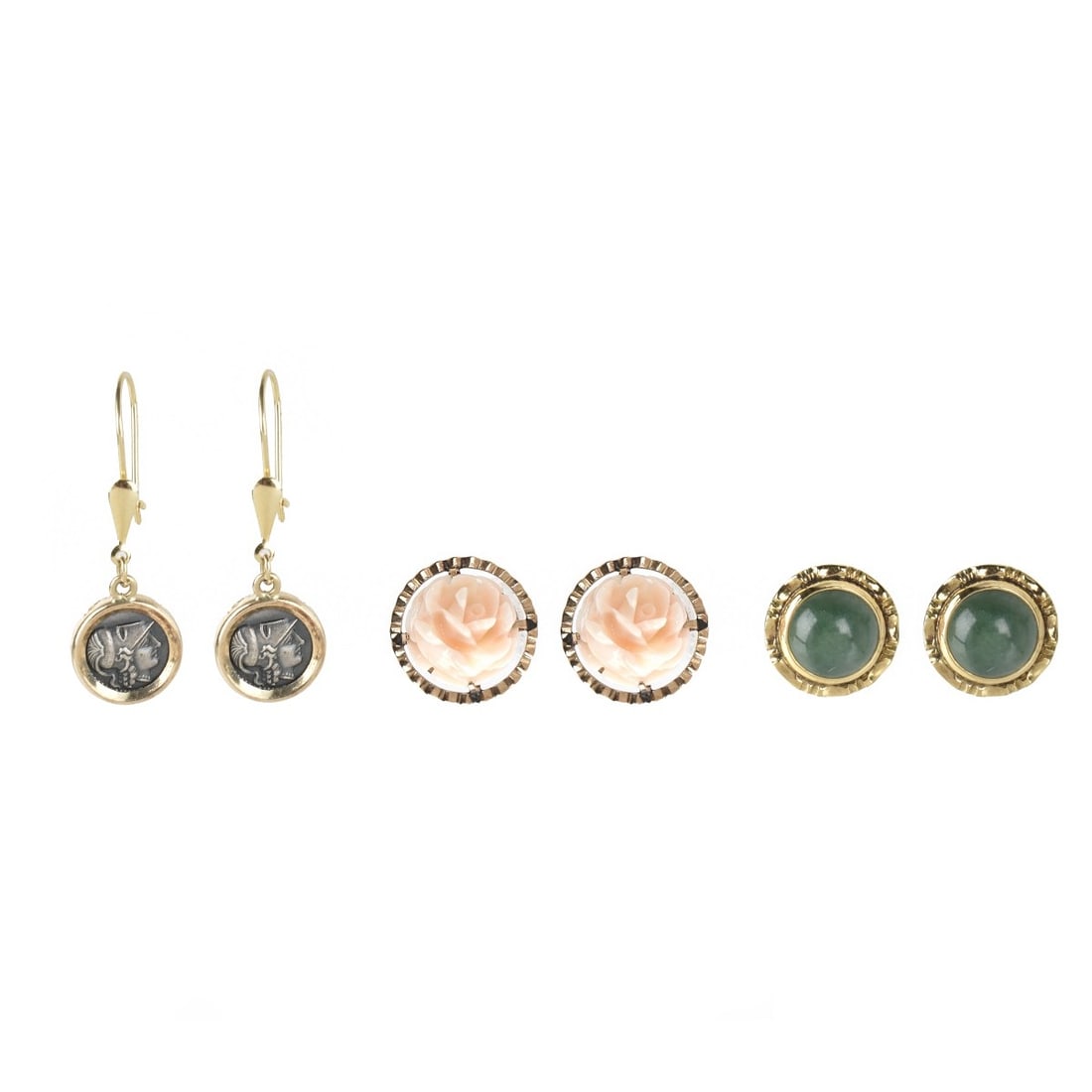 Coral, Jade and 14K Earrings: Three Pair of Delicate 14 Karat Yellow Gold Earrings. Set with Carved Angel Skin Coral, Cabochon Jade and Roman style "Coin". Two pair stamped 14K. Coral ear studs measure 3/4" diam. Approx. total wei